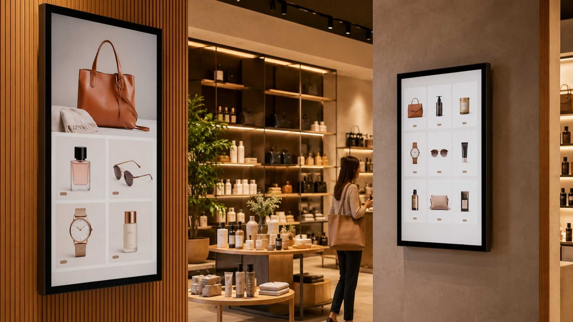 Digital signage displays showing product promotions and retail merchandise inside a modern boutique store, helping customers browse featured items visually.