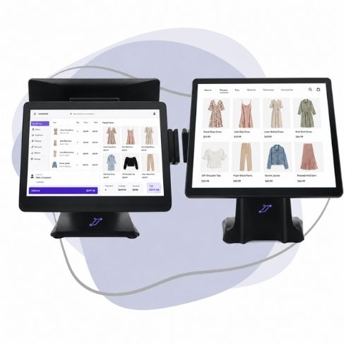 t Two touchscreen retail POS terminals displaying fashion products, inventory management, checkout details, and clothing catalogue options.