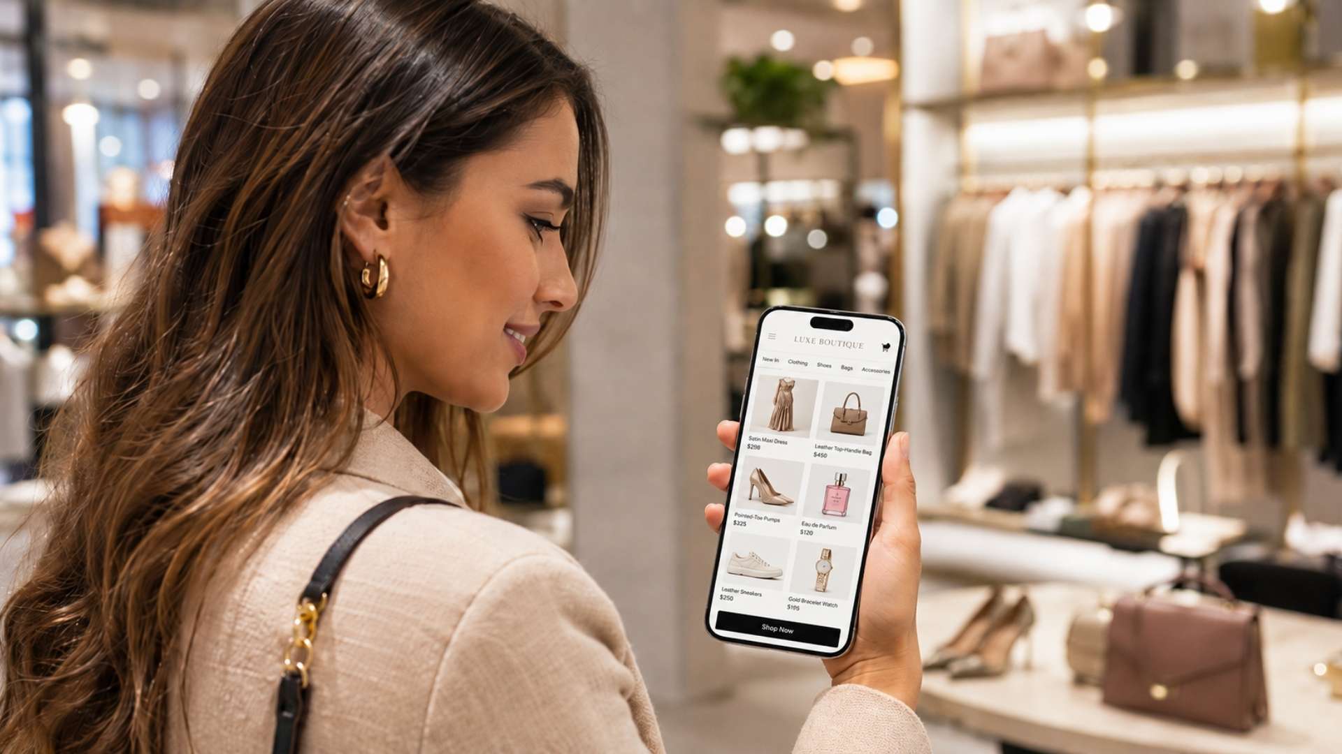 Woman browsing a fashion e-commerce store on her smartphone inside a modern boutique, with product images and a Shop Now button displayed on the mobile screen.