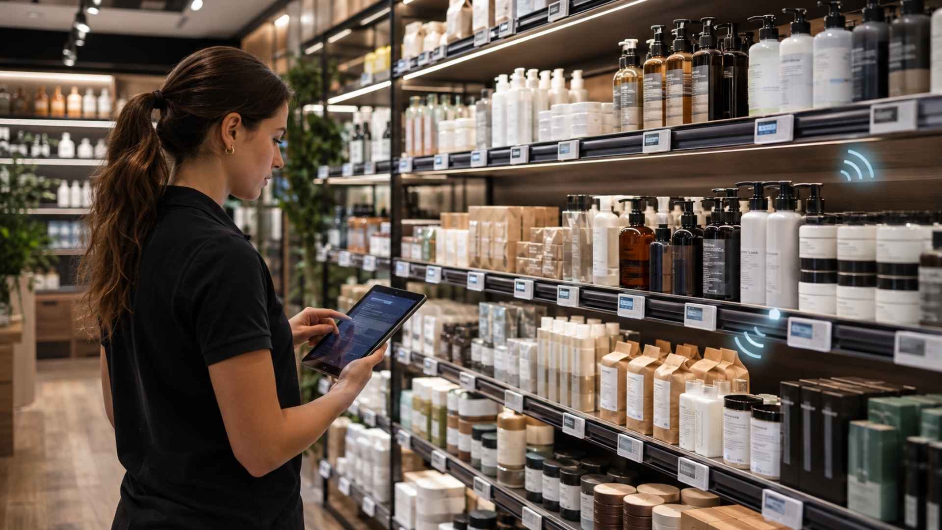 Retail employee using a tablet to manage electronic shelf labels and digital pricing updates on product shelves in a modern store.