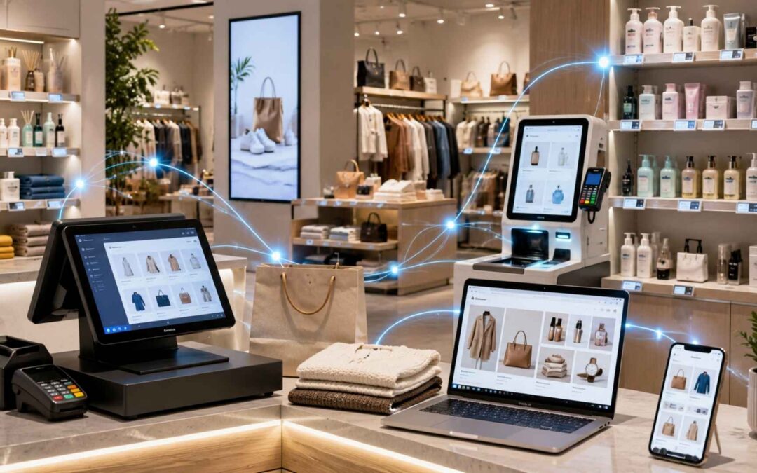Modern connected retail store featuring POS system, self-checkout kiosk, laptop, smartphone, digital signage, and electronic shelf labels in a stylish retail environment.