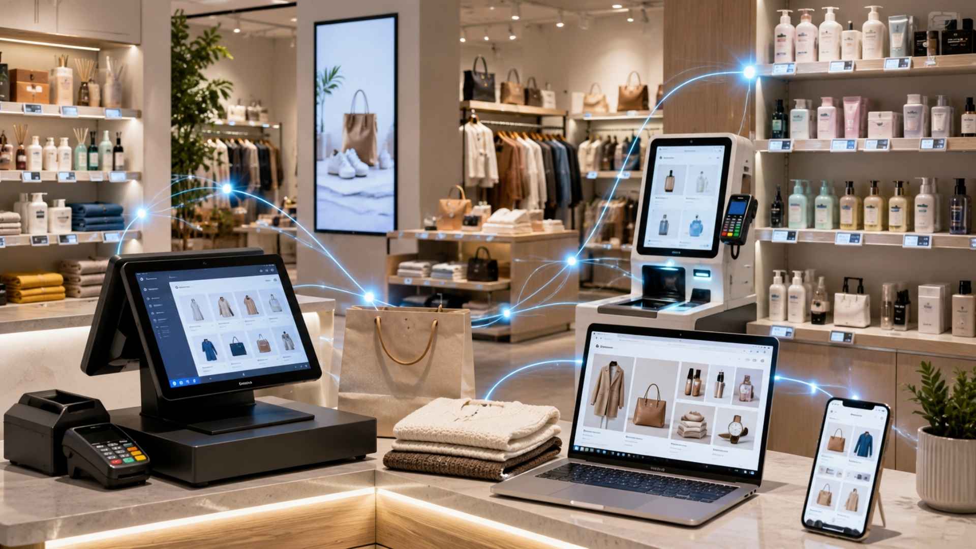Modern connected retail store featuring POS system, self-checkout kiosk, laptop, smartphone, digital signage, and electronic shelf labels in a stylish retail environment.