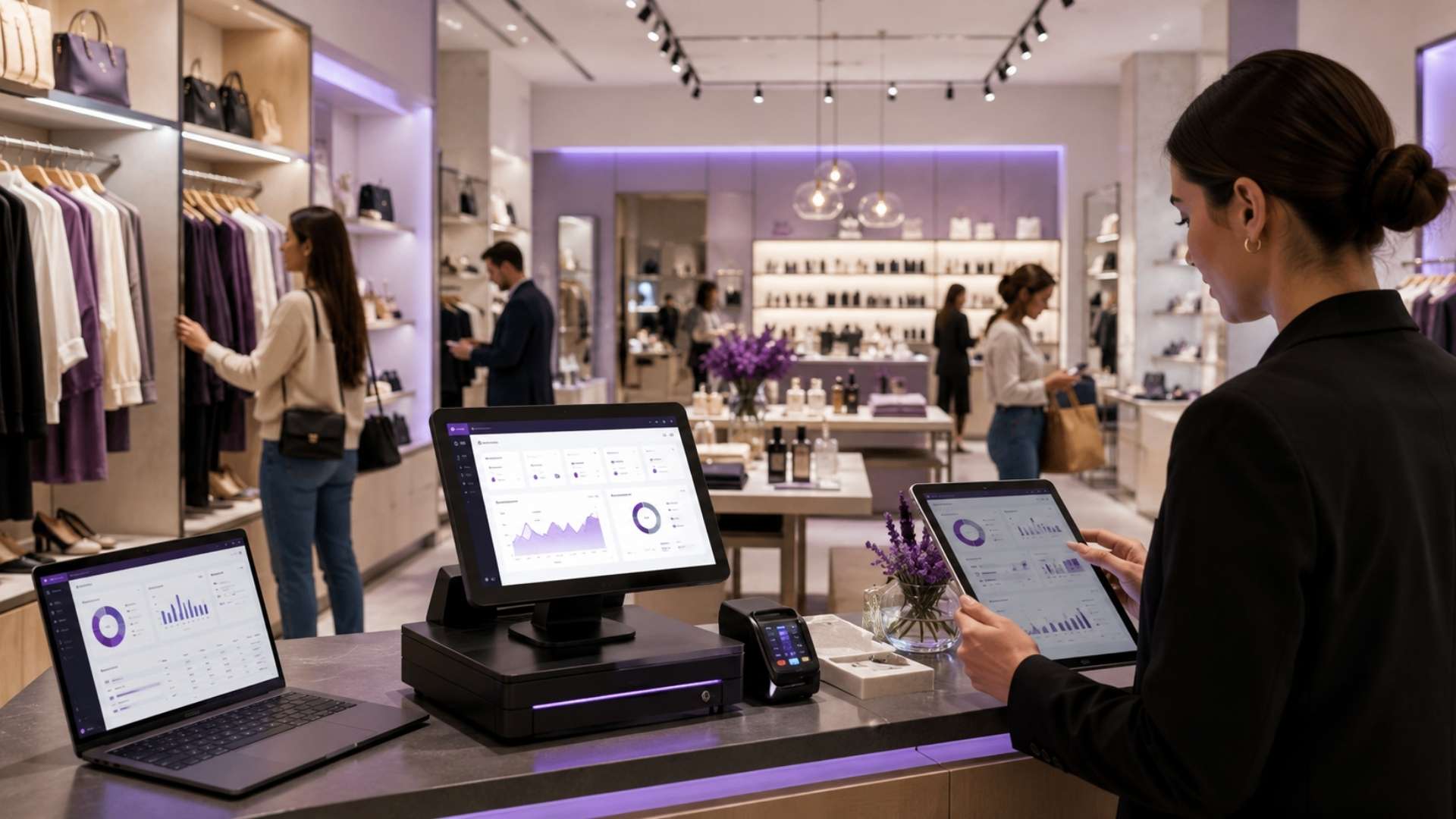 Modern retail store management system showing POS dashboard, tablet, and laptop analytics in a boutique environment with staff and customers.