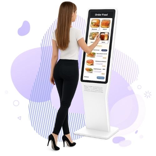 ecommerce Full-body woman using a modern self-checkout kiosk with touchscreen display, payment terminal, receipt printer, and mobile app interface, isolated on transparent background.